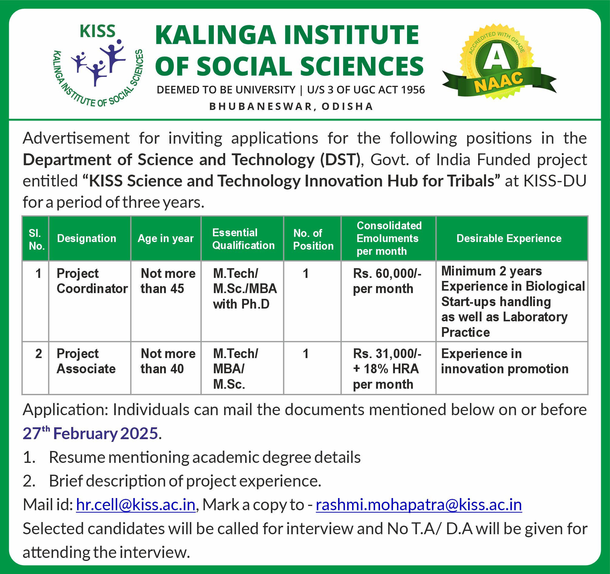 Advertisement for the Positions in the Department of Science and